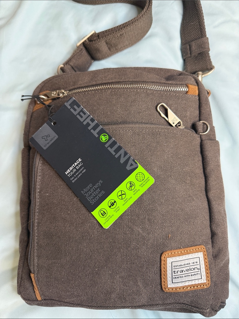Travelon Brown Canvas Messenger Crossbody Bag with Leather Accents